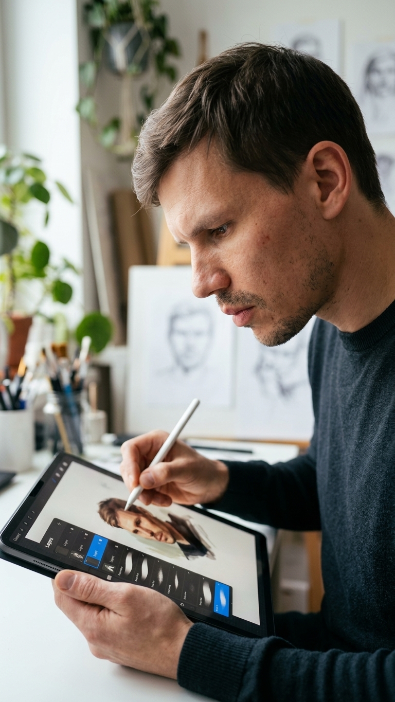 Paul Amadeus drawing digitally on a tablet in his studio