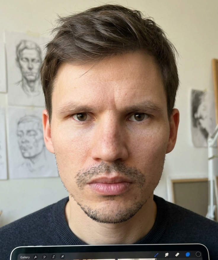 Paul Amadeus with his digital drawing tablet and sketches in his studio